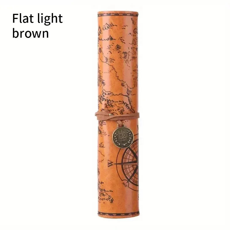 Vintage Treasure Map Pencil Case, Leather Roll-Up Pouch w/ Embossed Buckle, Large Capacity School Office Organizer (Gift) - AMULET RING STORE