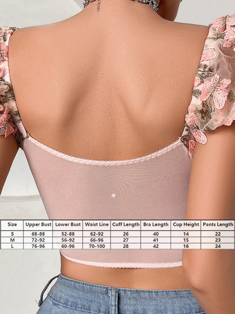 Sexy Women Lingerie Floral Embroidery Exotic Underwear Set Mesh Short Puff Sleeve T-shirts Tops and Panties Erotic Sleepwear - AMULET RING STORE