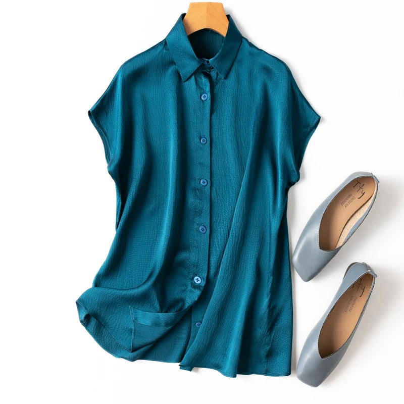 Women 100% Mulberry Silk 20 momme Heavy Silk Peacock Blue Collared Short Sleeve Buttons Down Shirt Top Blouse office work MM567