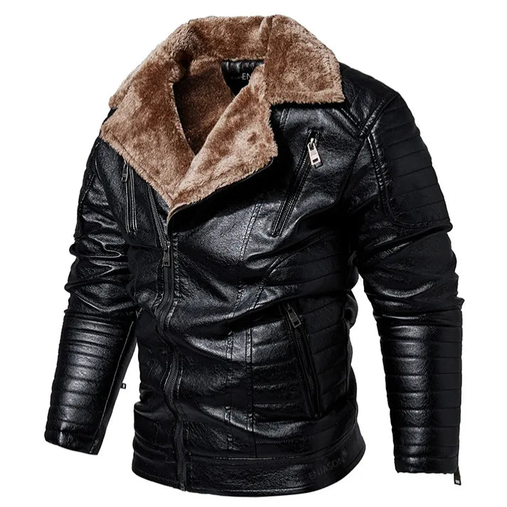 Men's Fur Collar Jacket PU Leather Vintage New Winter Men's Streetwear Thicken Leather Jacket Retro Men Brand Leathe Jacket