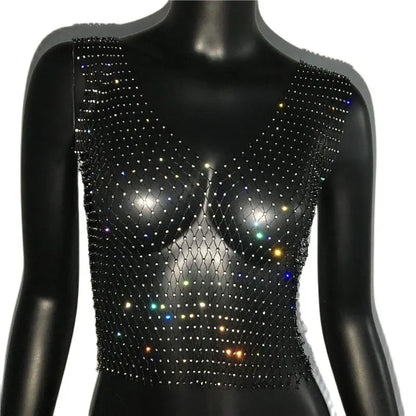 Women's Fishnet Rhinestone Crop Top 2024 Summer Sexy Mesh High Elastic Black White Shirt Net See Through Rave Diamond Tank Top - AMULET RING STORE