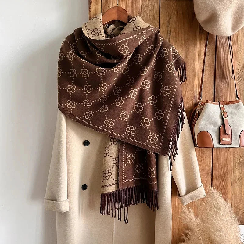 Women's Four Leaf Flower Shawl Core Spun Yarn Imitation Cashmere Tassel Warm Scarf Air Conditioning Shawl Scarf Autumn Winter