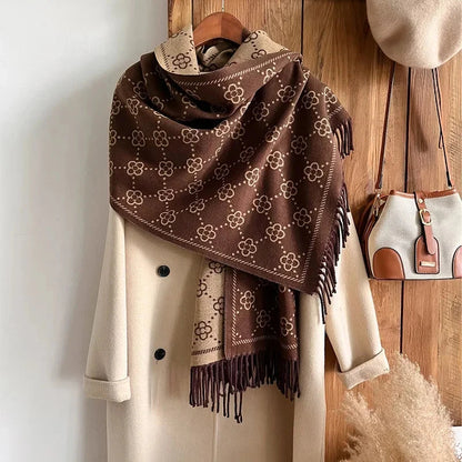 Women's Four Leaf Flower Shawl Core Spun Yarn Imitation Cashmere Tassel Warm Scarf Air Conditioning Shawl Scarf Autumn Winter