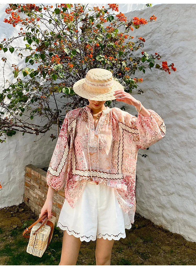 Boho Flrench Chic Floral Blouse Shirt Printed Summer Loose Lace Hollow Out Sexy Ladies Vocation Women Long Sleeve Top Shirts New