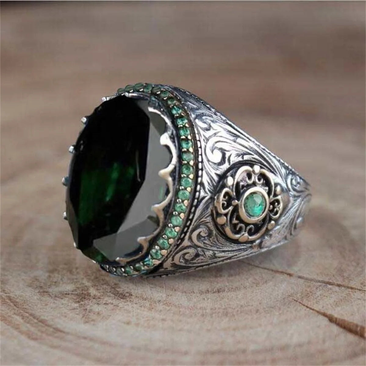 Retro Handmade Turkish Signet Ring For Men Women Ancient Silver Color Carved Eagle Ring Green Zircon Inlay Punk Motor Biker Ring