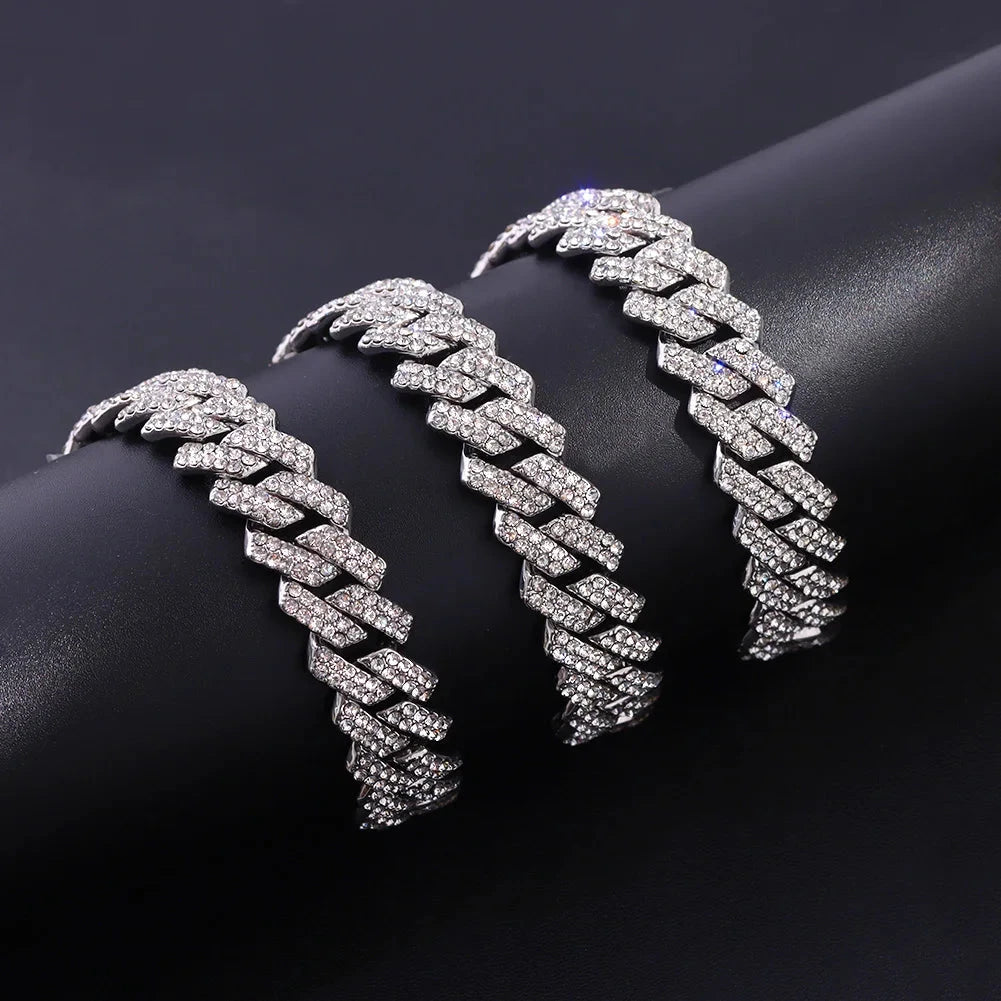 Iced Out Bling AAA Rhinestones Prong Cuban Link Chain Men's Necklace 2 Row Crystal Curb Cuban Chain Hip Hop Jewelry 13/14/20MM - AMULET RING STORE