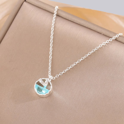 Mermaid Foam 925 Sterling Silver Fish Tail Tear Blue Crystal Clavicle Chain Pendant Necklaces