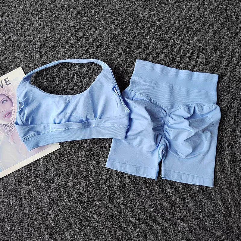 2 Pieces Yoga Suit for Women Seamless Fitness Gym Clothes Halter Sports Bra Matching Impact Shorts Workout Sets Gym Outfit