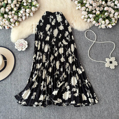 Chiffon A-Line Midi Skirt Women's Autumn 2025 New Sle Cover Hip Draped Large Swing Umbrella Skirt Pleated Floral Skirt