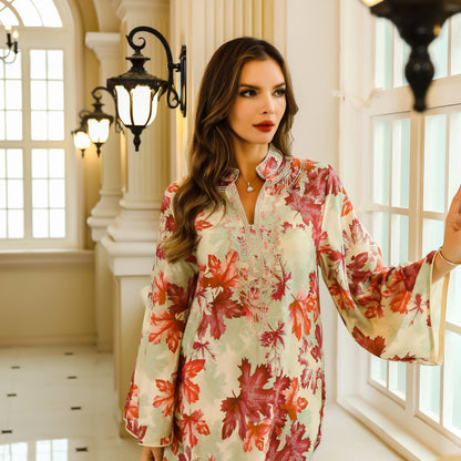 Elegant Middle Eastern Abaya Dress - Long Sleeve Geometric Print Loose Fit Kaftan with Embroidery Detail, Floor-Length Muslim Dr - AMULET RING STORE