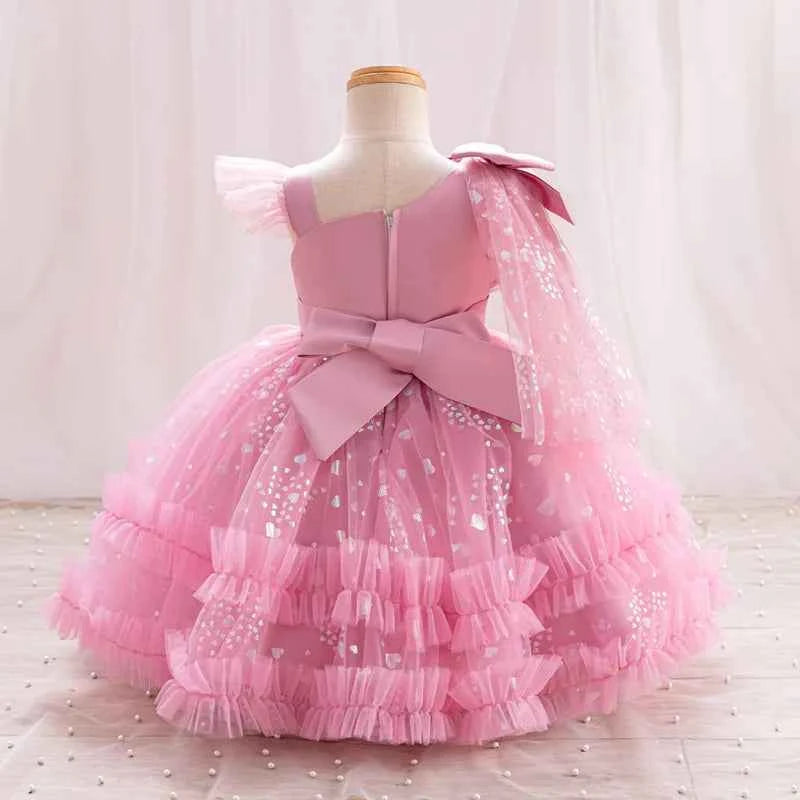 New Single Shoulder Bow Girl's Princess Dress Children's Day Performance Evening Dress Birthday Party Girl's Baby Dress