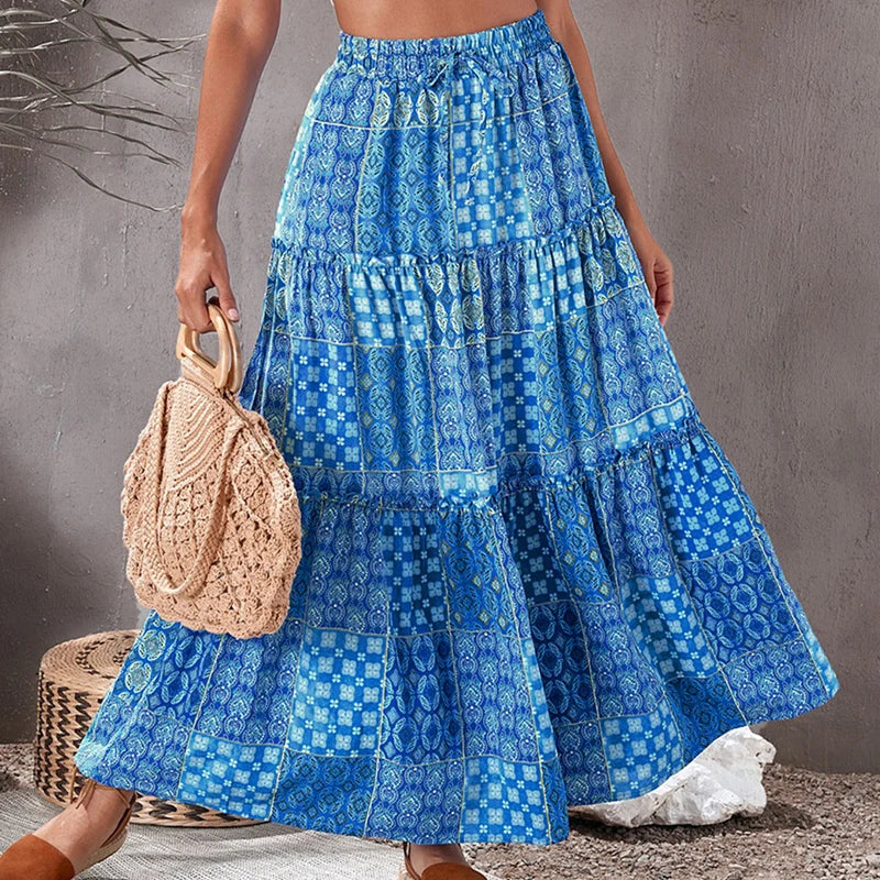 Summer Women Loose Bohemian Skirt New Fashion Elegant A-line Swing Beach Skirts Ladies Casual Elastic High Waist Printed Skirt