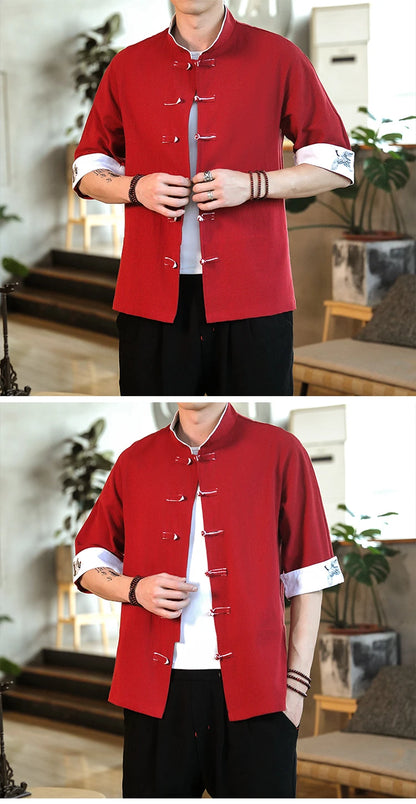 New Crane Embroidery Top Traditional Chinese Clothing for Men Vintage Half Sleeve Linen Shirts Solid Madarin Collar Hanfu Kungfu