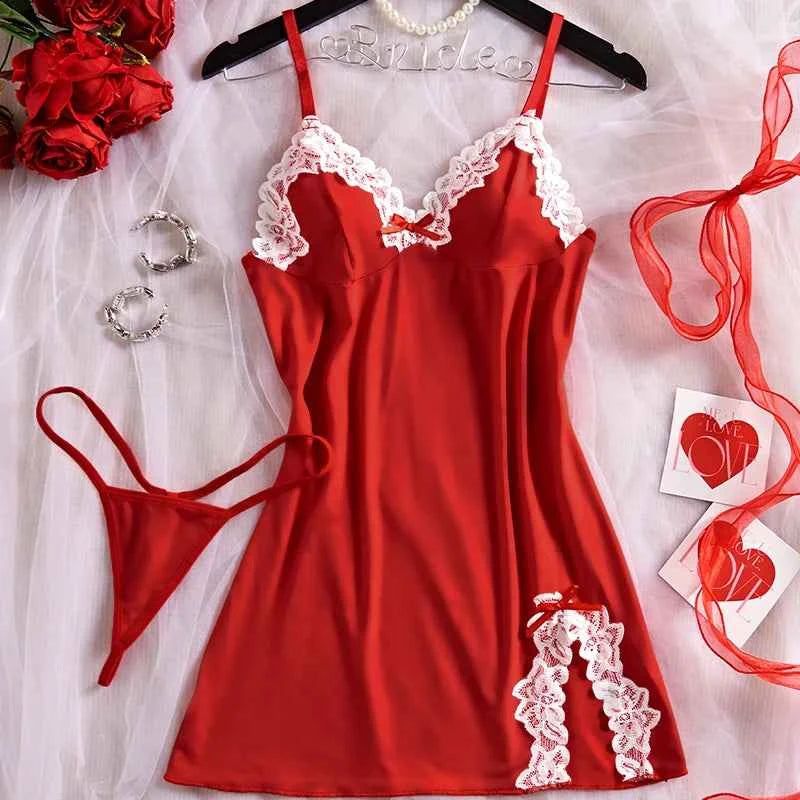 Deep V Women Nightdress Light Purple Sexy Adult Lace Bow Temptation Lingerie Gentle Erotic Clothing Dress Babydoll Underwear Set