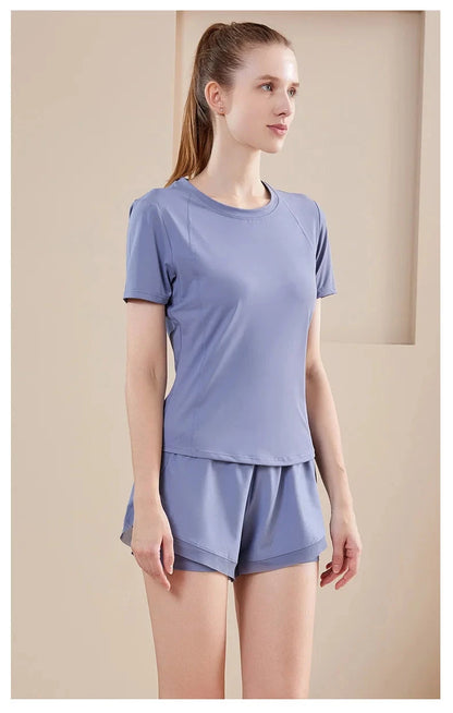 Yoga Set Women Sport T-Shirt Back Mesh Design High Waist Shorts Quick Dry Run Yoga Sports Short Sleeve Shorts Two-piece Yoga Set