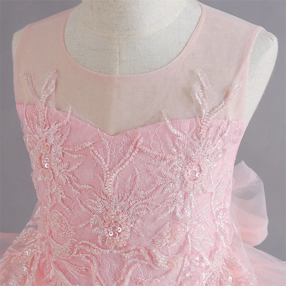 Lovely Yellow Flower Girl Dress Baby First Communion Gowns Wedding Thin Length Bow Belt Kids Birthday Gift Ball Party Clothing