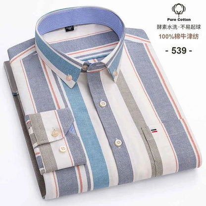 100% Cotton Oxford Men's Shirts Long Sleeves Plaid Soft Regular Fit Formal Dress Shirt Pocket Social Blouse Male Clothes S-7XL