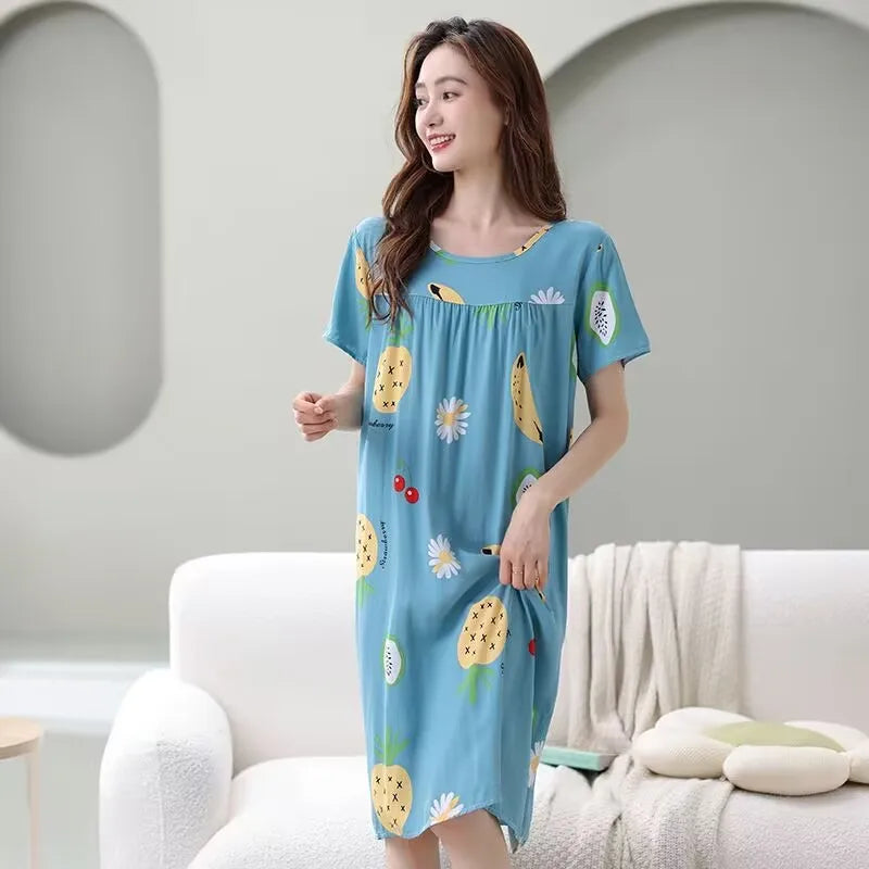 Women summer cotton nightgowns short-sleeved Korean loose big yards 4XL fit 100 kg nightshirt female floral print night dress