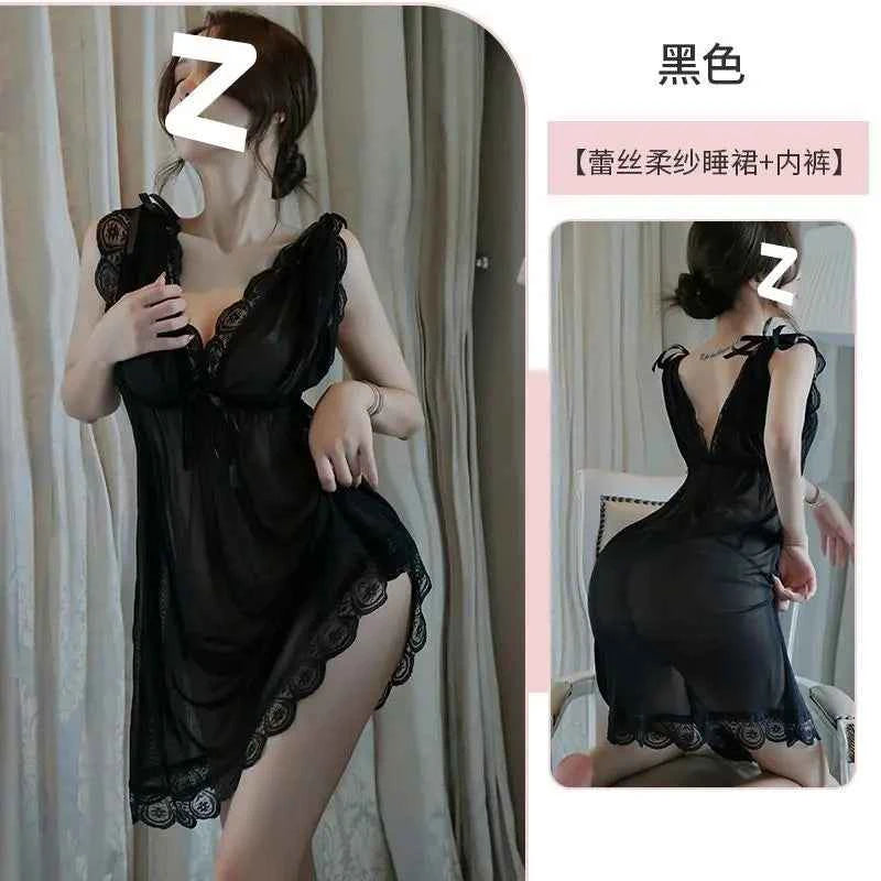 Sexy Sleepwear Women V-neck Nightgown Sexy Nightdress Lace Mesh Pajama Loungewear Summer Dress Nightwear Night Wear