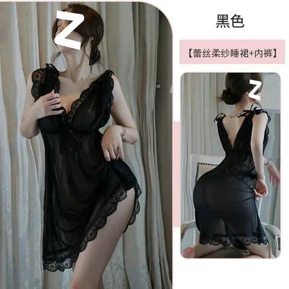 Sexy Sleepwear Women V-neck Nightgown Sexy Nightdress Lace Mesh Pajama Loungewear Summer Dress Nightwear Night Wear