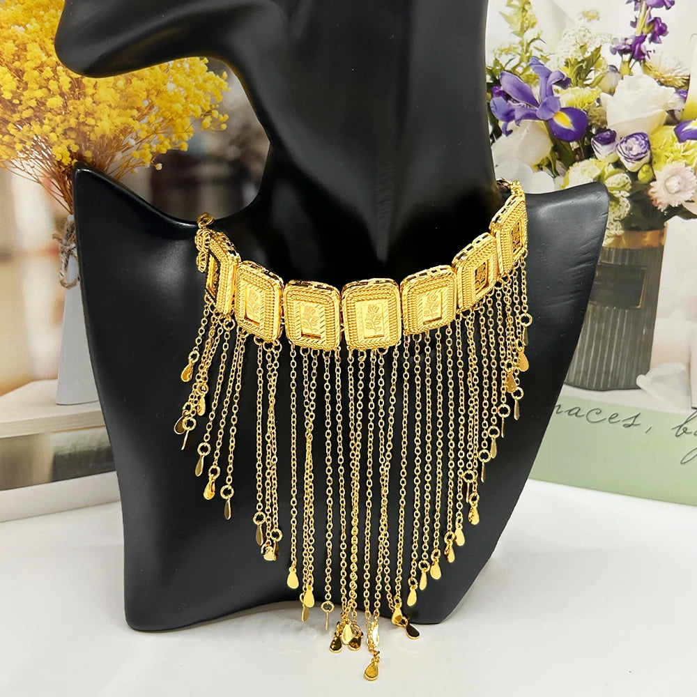 Earring Tassel Necklace Middle East 4pcs Jewelry Women Cuff Bangles with Ring Jewelry Dubai Fashion Set African Jewelry Wedding