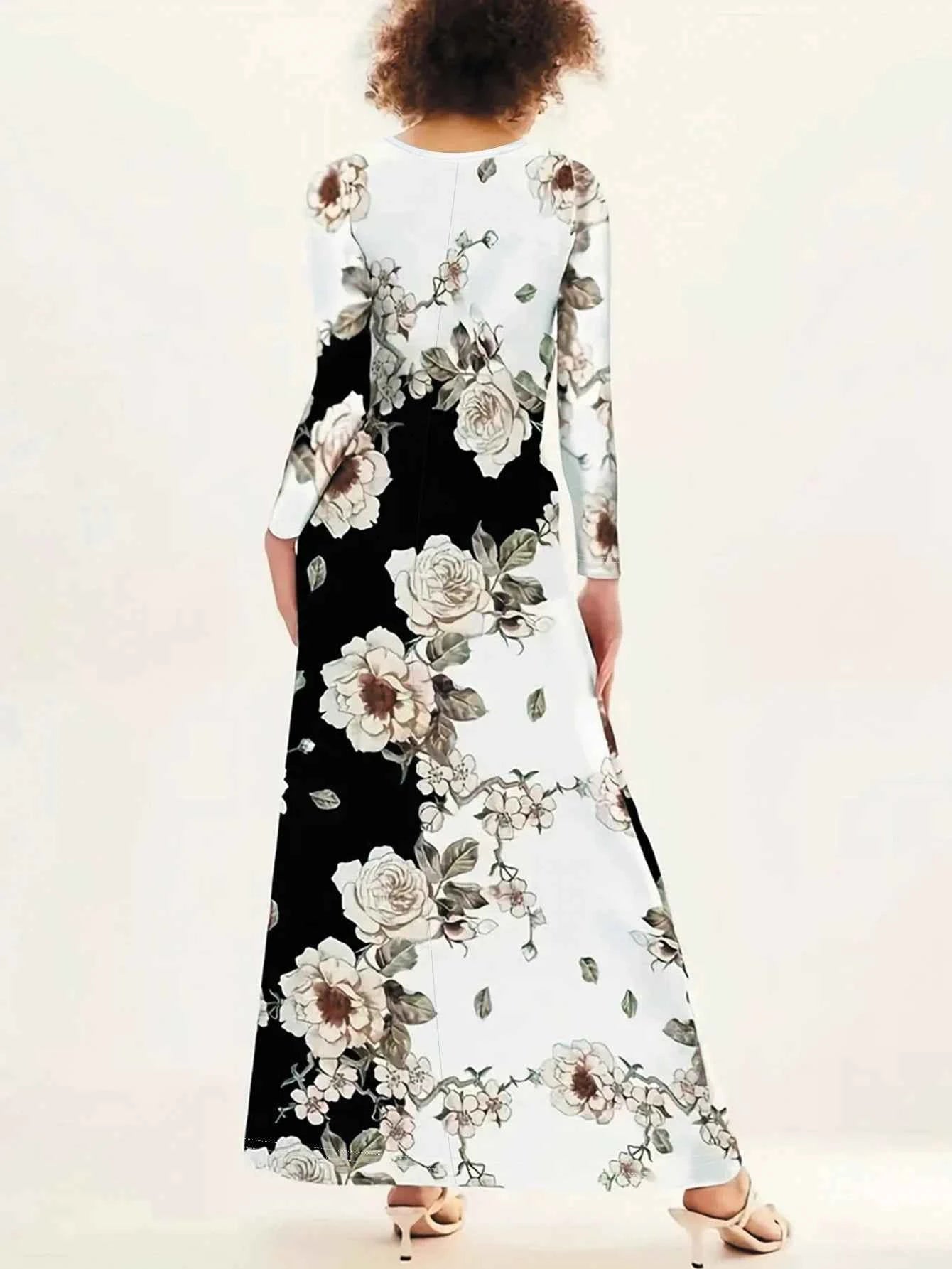 Women's Casual Dress, Plus Size Floral Print Long Sleeve Round Neck Cut Out Maxi Dress With Pockets