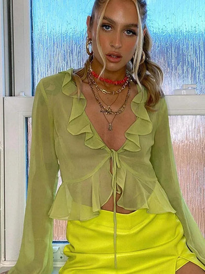 Vintage 90s Streetwear Ruffles Trim Green Chiffon T-shirts Y2K Fashion Sexy Deep V Lace Up Long Sleeve Tops Transparent - AMULET RING STORE