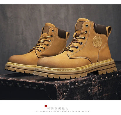 Boots Men High Top Boots High Quality Women Leather Shoes Fashion Outdoor Sneakers Men Lace Up Non-Slip Ankle Boots for Couple - AMULET RING STORE
