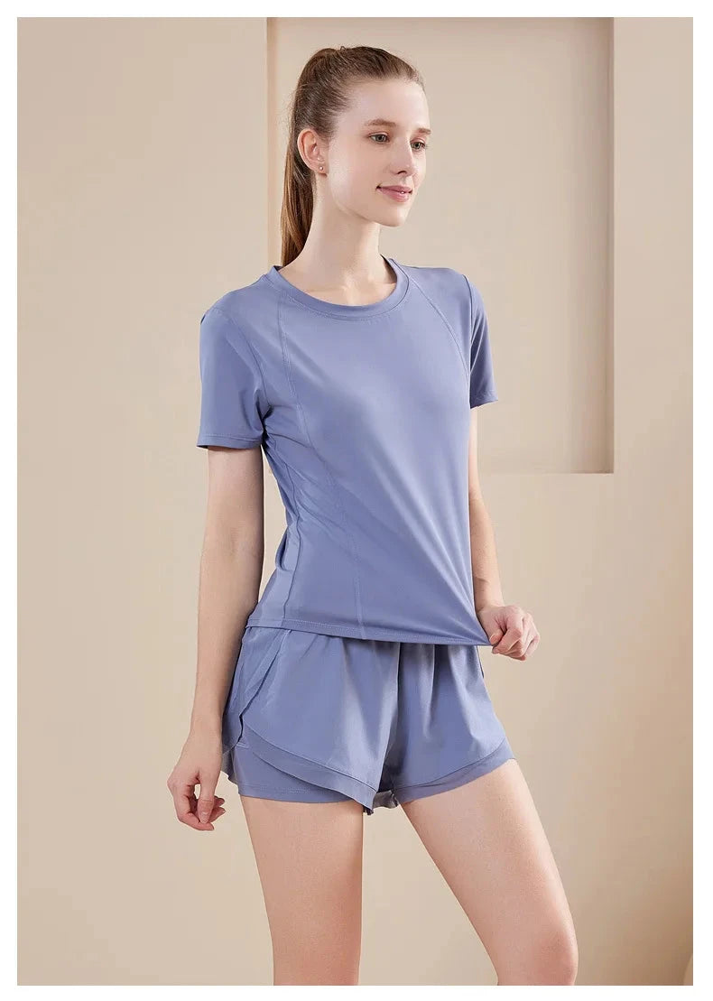 Yoga Set Women Sport T-Shirt Back Mesh Design High Waist Shorts Quick Dry Run Yoga Sports Short Sleeve Shorts Two-piece Yoga Set