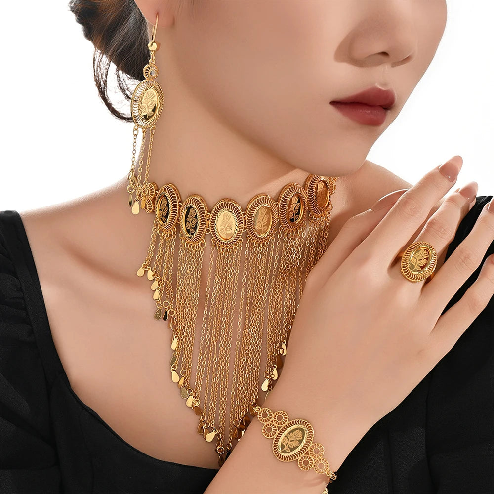 Earring Tassel Necklace Middle East 4pcs Jewelry Women Cuff Bangles with Ring Jewelry Dubai Fashion Set African Jewelry Wedding