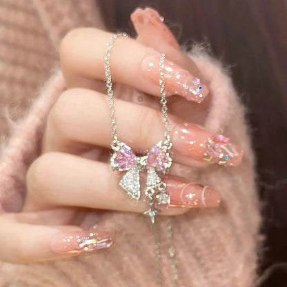 Korean Fashion Pink Crystal Heart Bow Tie Pendant Necklace Silver Color Chain Neck Necklace for Women Wedding Aesthetic Jewelry