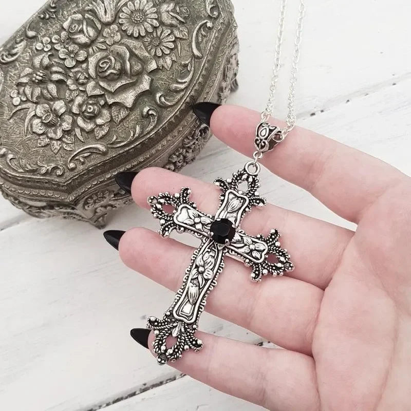 Large Detailed Cross Black Drill Jewel Necklace Silver Color Tone Pendant Goth Punk Jewellery Fashion Charm Statement Women Gift - AMULET RING STORE