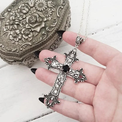 Large Detailed Cross Black Drill Jewel Necklace Silver Color Tone Pendant Goth Punk Jewellery Fashion Charm Statement Women Gift - AMULET RING STORE