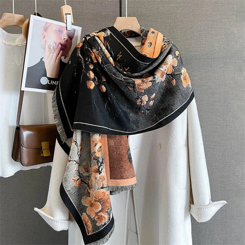 65*190cm Winter Warm Women Scarf Double-Sided Flower Faux Cashmere Scarves Luxury Wrap Shawls High-Quality Pashmina - AMULET RING STORE