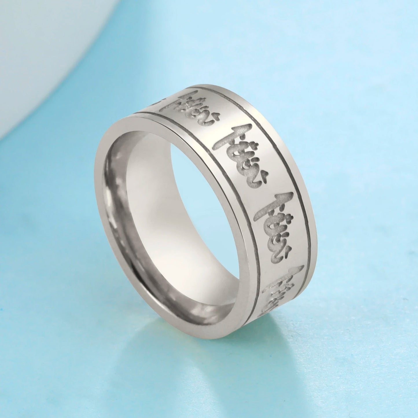 Jeshayuan Quran Rings Muslim Islamic Halal Ring Arabic God Stainless Steel 8mm Wide Religious Allah Ring For Men