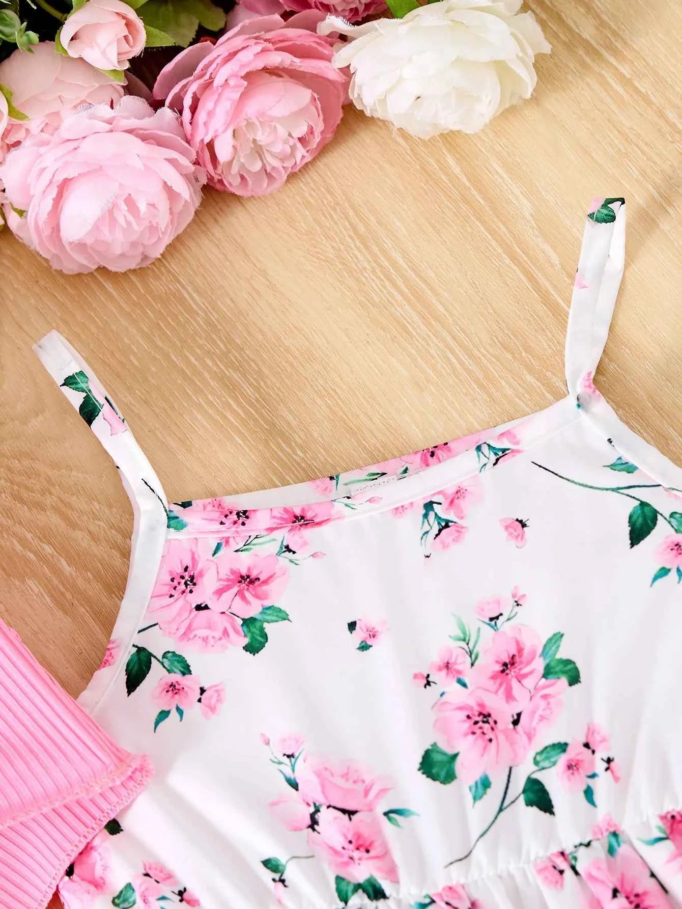 2Pcs Girls Elegant Pink Floral Print Dress Summer Sleeveless Casual Dress and Jacket Sets for Girls Festivals Outing Clothes