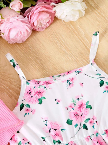 2Pcs Girls Elegant Pink Floral Print Dress Summer Sleeveless Casual Dress and Jacket Sets for Girls Festivals Outing Clothes