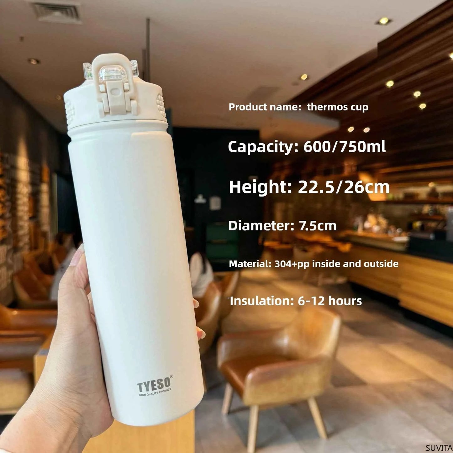 Tyeso 600/750ML Thermos Bottle With Straw Stainless Steel Car Thermal Cup Sports Water Bottles Keeps Cold and Hot Thermal Mug