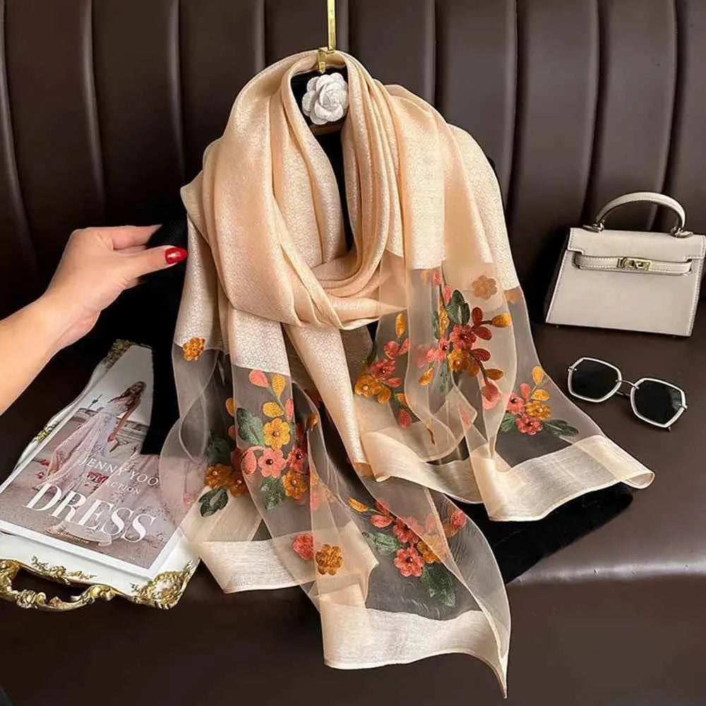 180*70cm Embroidery Floral Chiffon Scarf Elegant Thin Breathable Shawl Women Sunscreen Neck Scarf Travel Beach Shawl Scarf