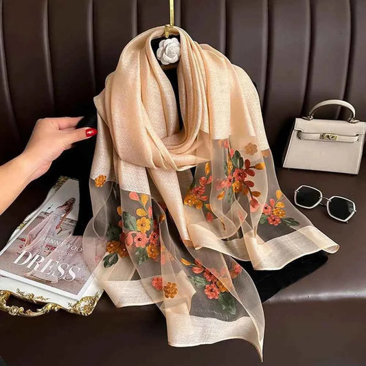 180*70cm Embroidery Floral Chiffon Scarf Elegant Thin Breathable Shawl Women Sunscreen Neck Scarf Travel Beach Shawl Scarf