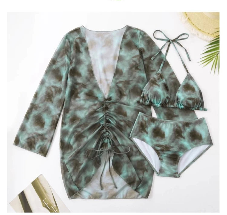 XL-5XL Plus Size Vacation Bikini Sexy Three-Piece Split Long Sleeve Swimsuit Women Summer Blue Pleated Beach Party Swimsuits