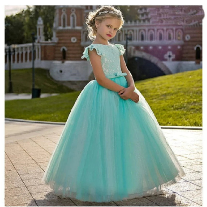 Luxury Appliqué  Flower Girl Dress Spaghetti Straps Birthday Lace Appliques Off Shoulder V-Neck First Communion Gown