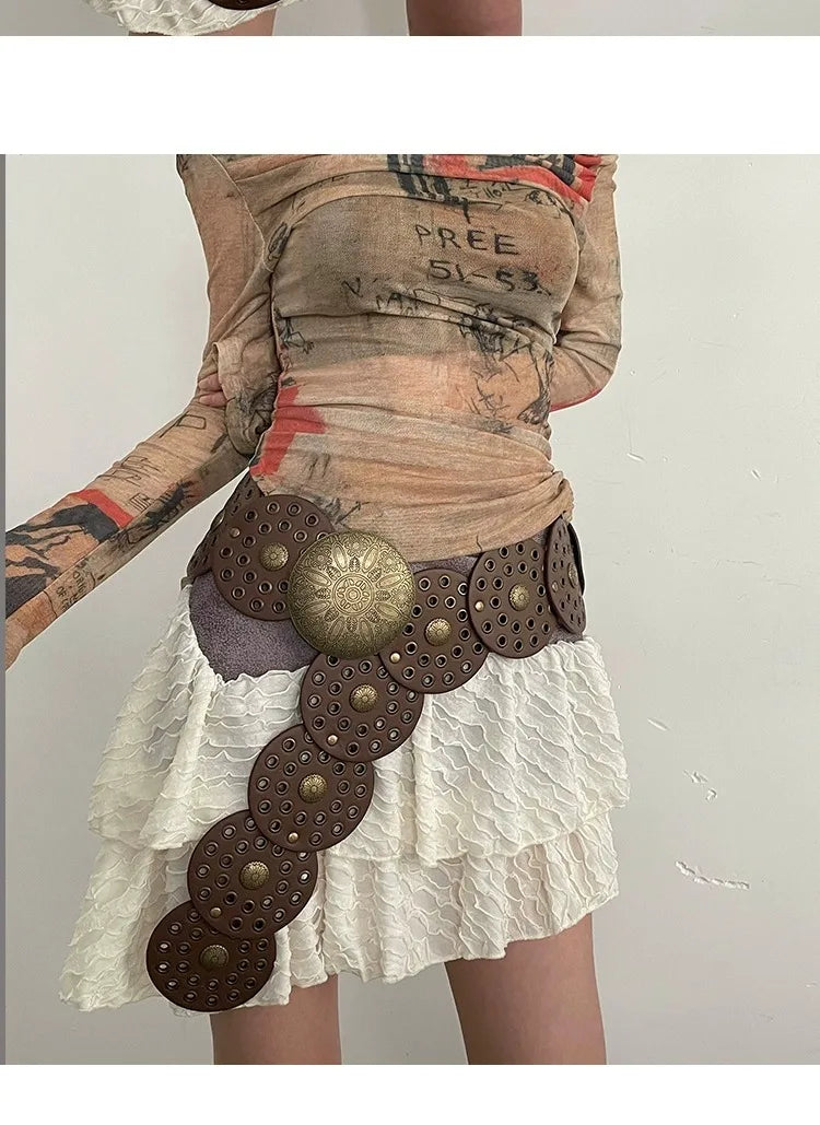 Spice Girl Y2K Harajuku Style Vintage Rivet Patchwork Design Wide Belts For Women High Street Faux Leather Waistband cinturones - AMULET RING STORE