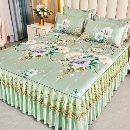 3Pcs/Lot Double Bed Sheet Set Classic Lace Royal Blue Bed Sheet Bed Skirt