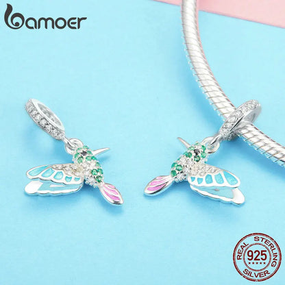 BAMOER 925 Sterling Silver Green Warbler Pendant Colorful CZ Bird Animal Charms Fit Charm Bracelets Bangles DIY Jewelry SCC991 - AMULET RING STORE