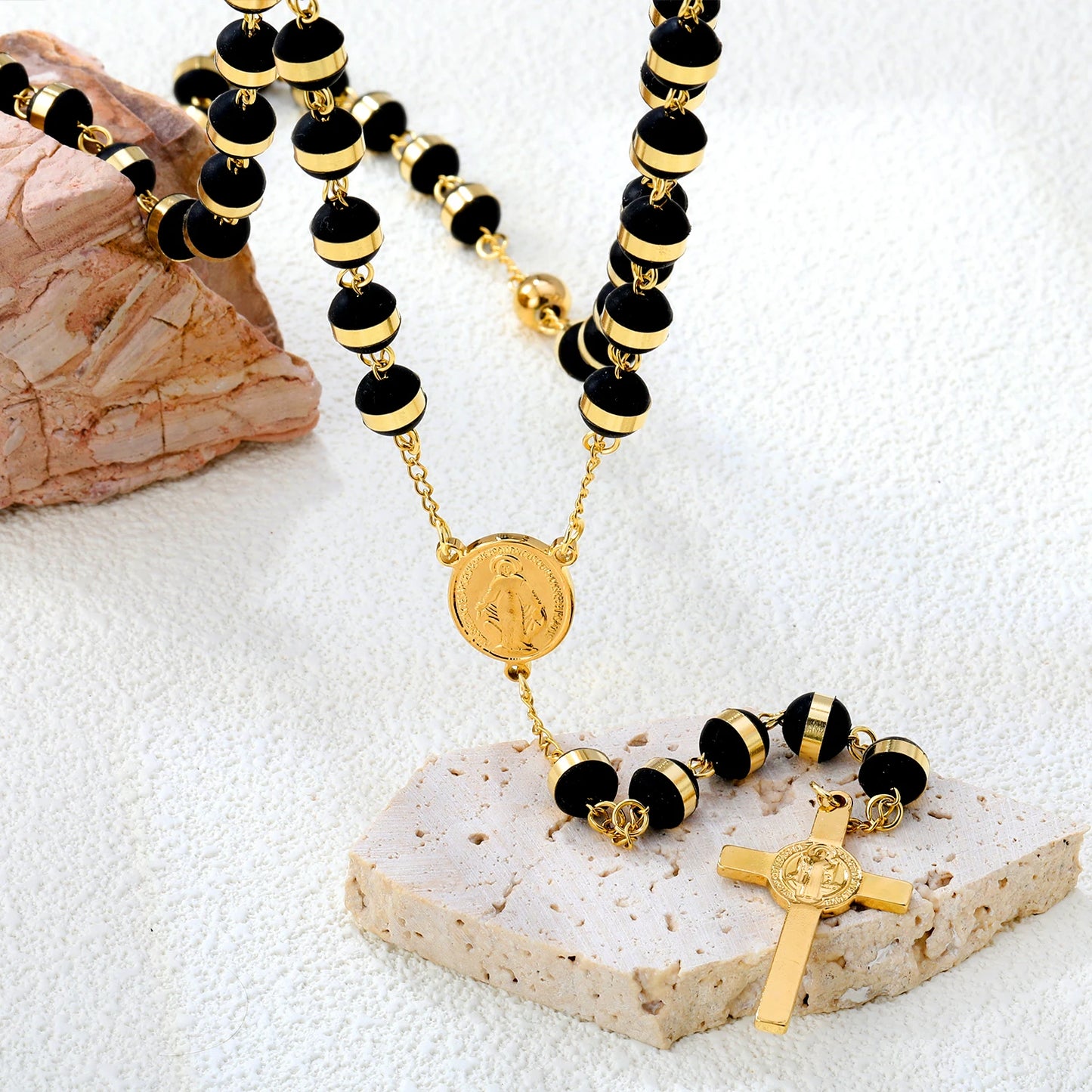 ASONSTEEL Long Scapular Catholic Rosaries Beads Christian Cross Jesus Pendant Necklaces Stainless Steel For Women Men Jewelry