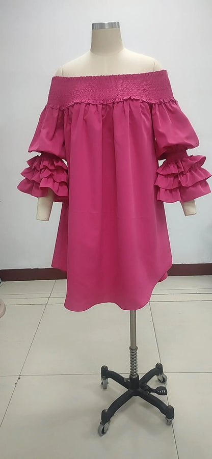 CM.YAYA Chic Women Cascading Ruffles Petal Off Shoulder Long Sleeve Smock Dress 2022 Big Swing Loose Blouse Sundress Vestidos - AMULET RING STORE