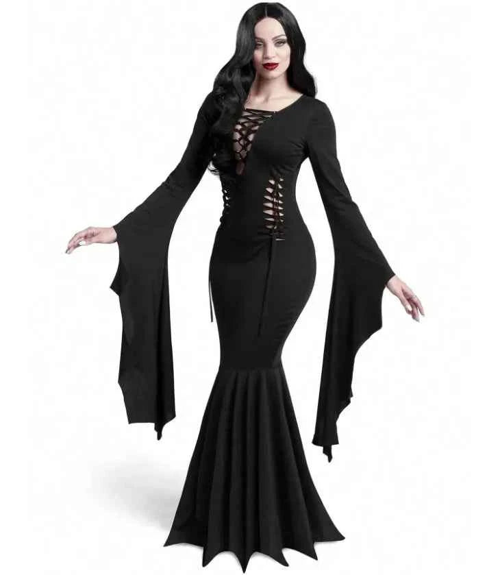 Plus Size Women Fashion Halloween Slimming Long Sleeve  Dress Ladies Sexy Bat Sleeve Fishtail Dress Women's Witch Party Dress