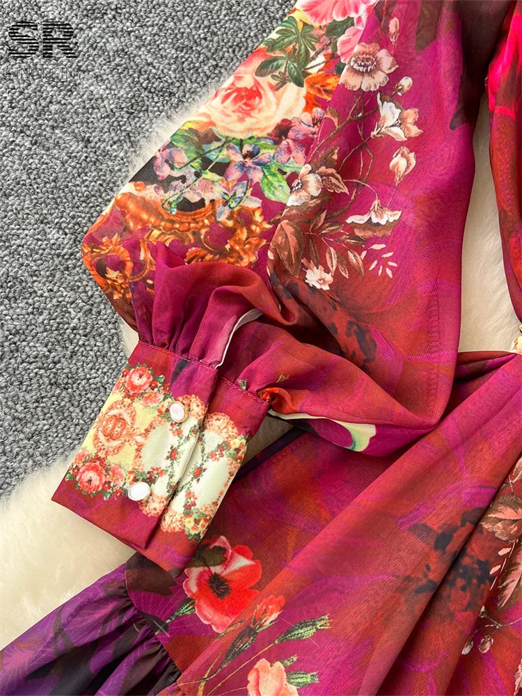 SINGREINY Vintage Print Chiffon Dresses Women Lantern Sleeve O Neck Design Fashion High Quality Court Floral Pleated Long Dress