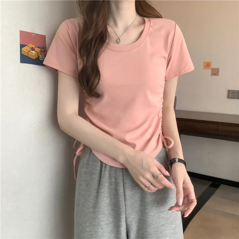 Drawstring Short Sleeve T-shirt Women Spring Summer Spicy Style Slim Fit Short Unique Top M L Xl 2XL Korean Casual Style - AMULET RING STORE
